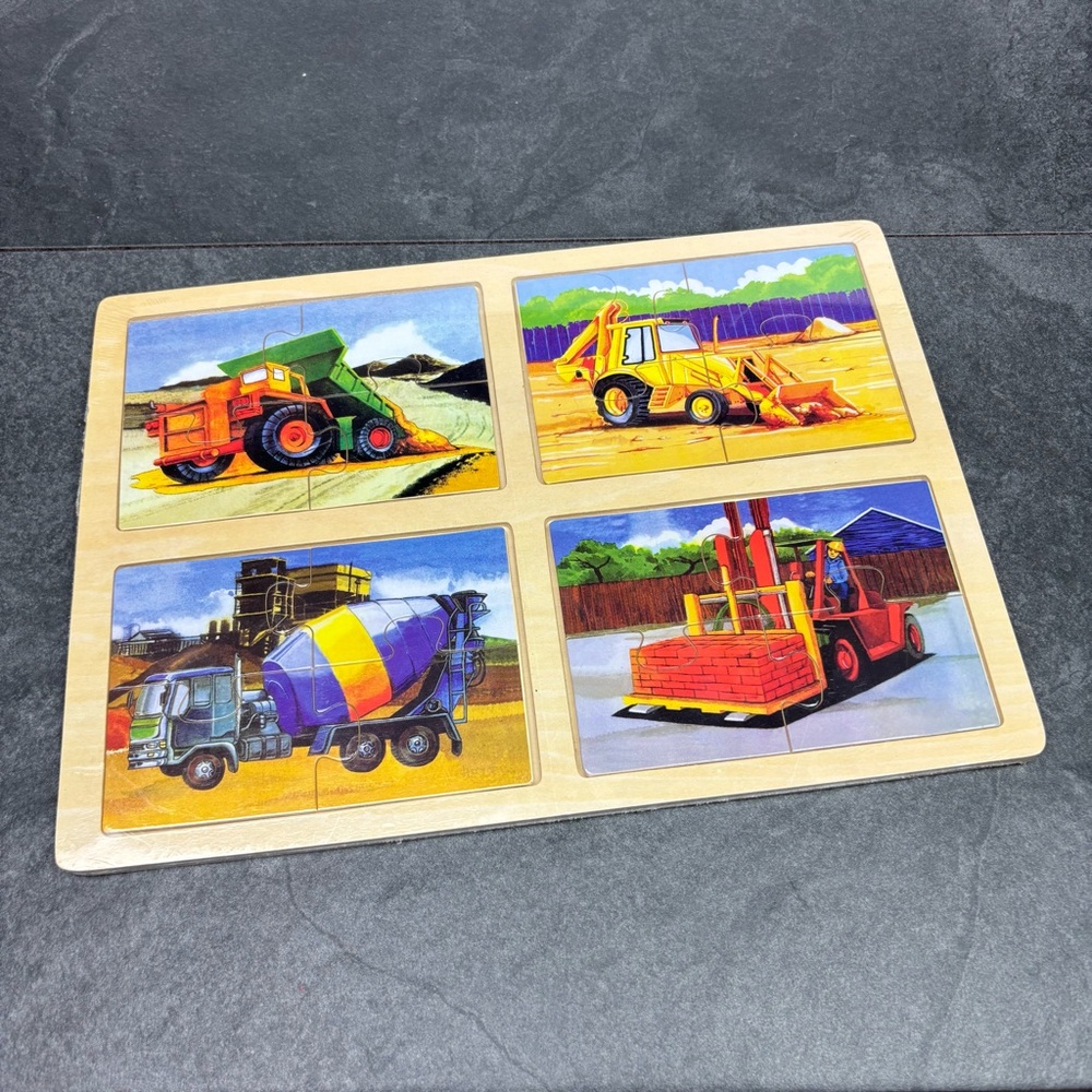 NEW Wooden Construction Vehicle Trucks Puzzle Wood Easy Toddler
